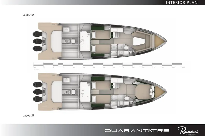  Yacht Photos Pics 2026 Ranieri QUARANTATRE Z interior layout plans, showcasing two configurations, Layout A and Layout B.