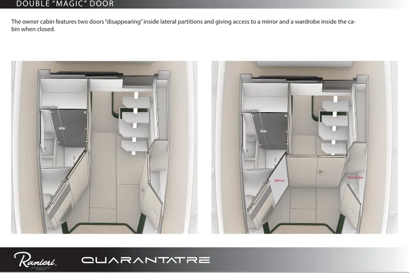  Yacht Photos Pics Owner cabin layout with double "magic" doors, featuring a mirror and wardrobe, Ranieri QUARANTATRE Z 2026.