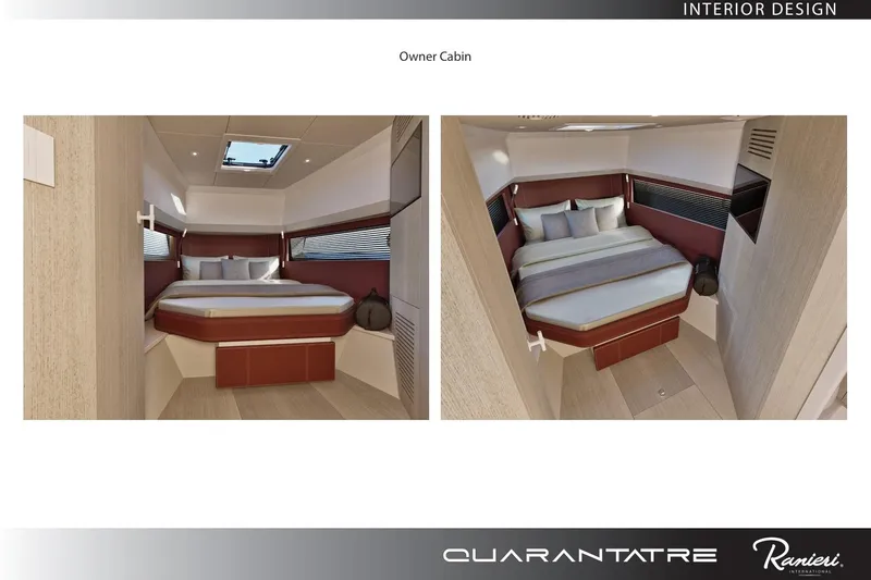  Yacht Photos Pics Owner cabin interior of 2026 Ranieri QUARANTATRE Z, featuring modern design and cozy bedding.