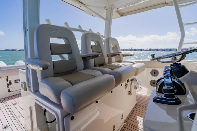 Spec-tacular Li Li Yacht Photos Pics 2019 Boston Whaler 380 Outrage helm seating with ocean view.