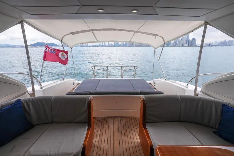 Querencia Yacht Photos Pics 2004 Mangusta 72 Hardtop yacht interior with ocean view and city skyline.