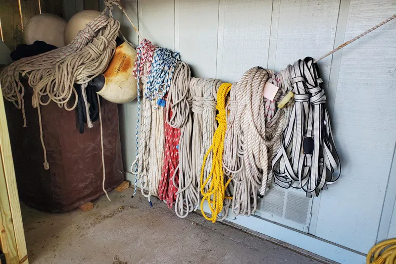 Don't Blink Yacht Photos Pics Coiled ropes and buoys stored on Island Packet 440, 2006 model.