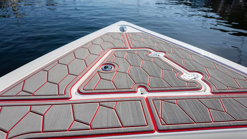 Havana Club Yacht Photos Pics 2023 Fountain 38 SC boat deck with geometric pattern on calm water.