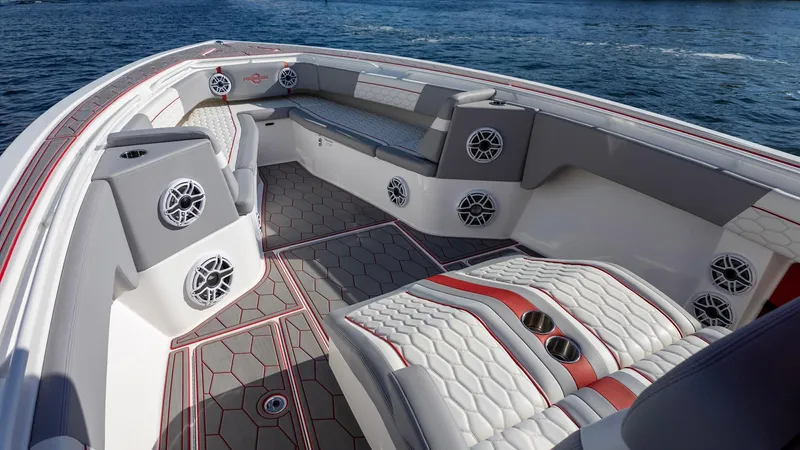 Havana Club Yacht Photos Pics 2023 Fountain 38 SC boat interior with modern seating and speaker system.