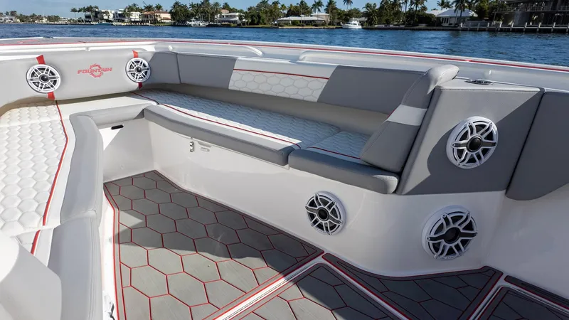 Havana Club Yacht Photos Pics 2023 Fountain 38 SC boat interior with stylish seating and modern design.