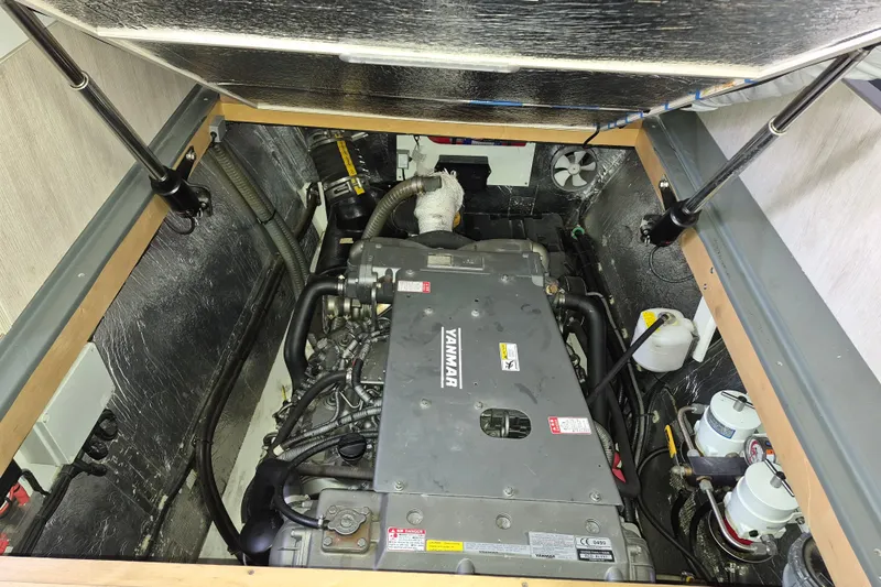 Catfish Yacht Photos Pics Engine compartment of a 2017 Leopard 51 PC Owners Version yacht, featuring a Yanmar engine.