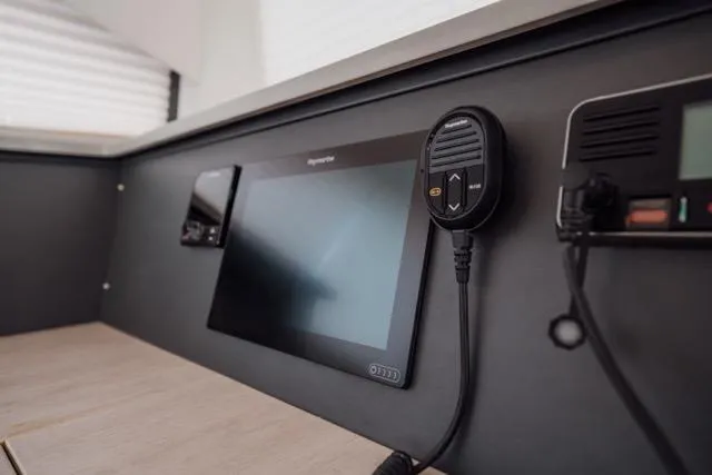 Catfish Yacht Photos Pics Control panel of 2017 Leopard 51 Powercat with navigation and communication equipment.