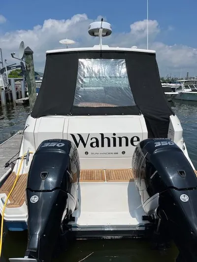 Wahine Yacht Photos Pics 2021 Sea Ray Sundancer 320 OB boat docked, featuring dual outboard engines.