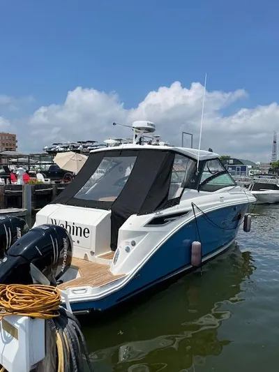 Wahine Yacht Photos Pics 2021 Sea Ray Sundancer 320 OB docked, featuring sleek design and outboard engines.