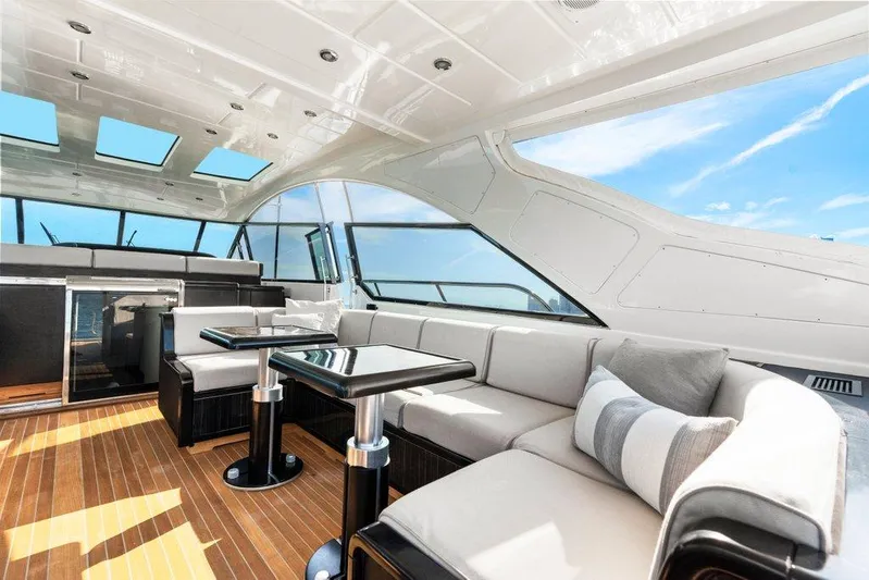Payback Yacht Photos Pics Luxurious interior of 2007 Mangusta 80 Motoryacht with elegant seating and panoramic windows.