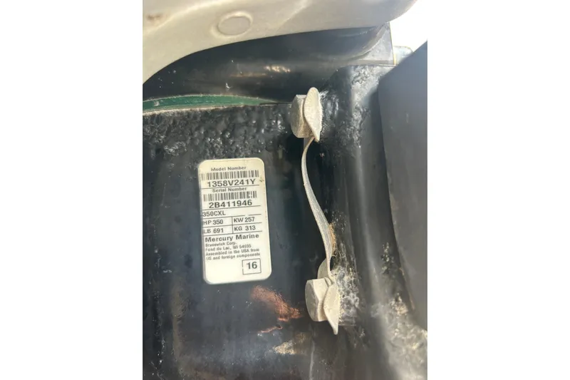  Yacht Photos Pics Label on 2017 Boston Whaler 320 Vantage, showing model and serial numbers.