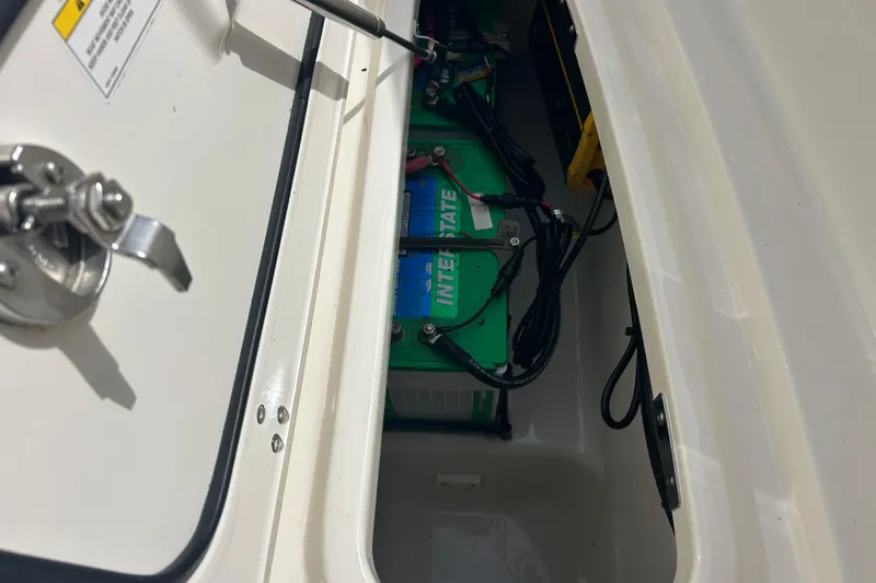  Yacht Photos Pics Battery compartment of 2017 Boston Whaler 320 Vantage boat, featuring Interstate battery.