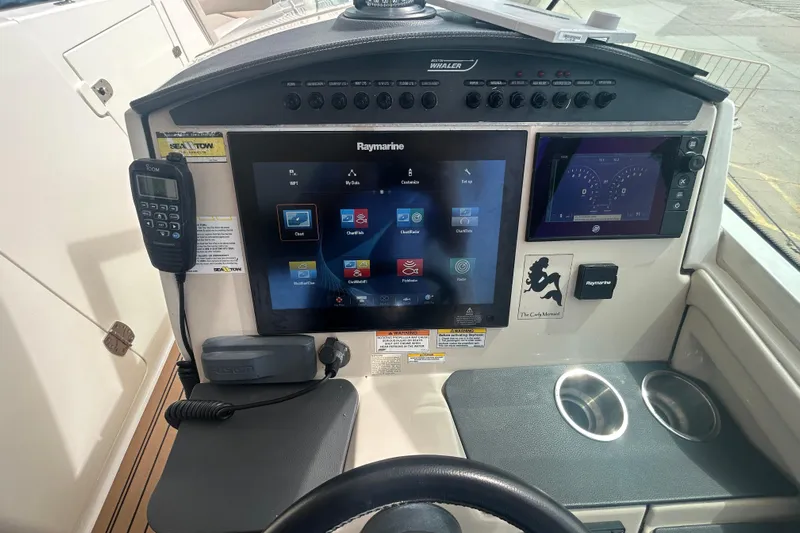  Yacht Photos Pics Control panel of a 2017 Boston Whaler 320 Vantage boat with Raymarine display.