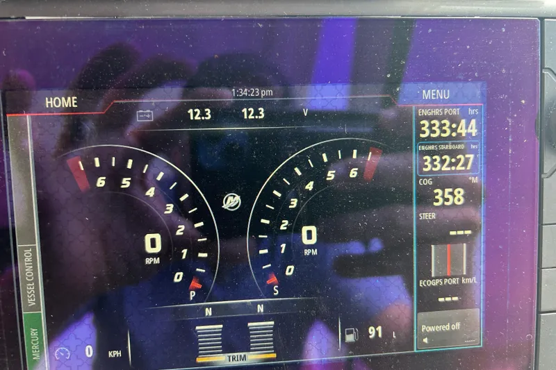  Yacht Photos Pics Dashboard of a 2017 Boston Whaler 320 Vantage boat showing engine hours and RPM.