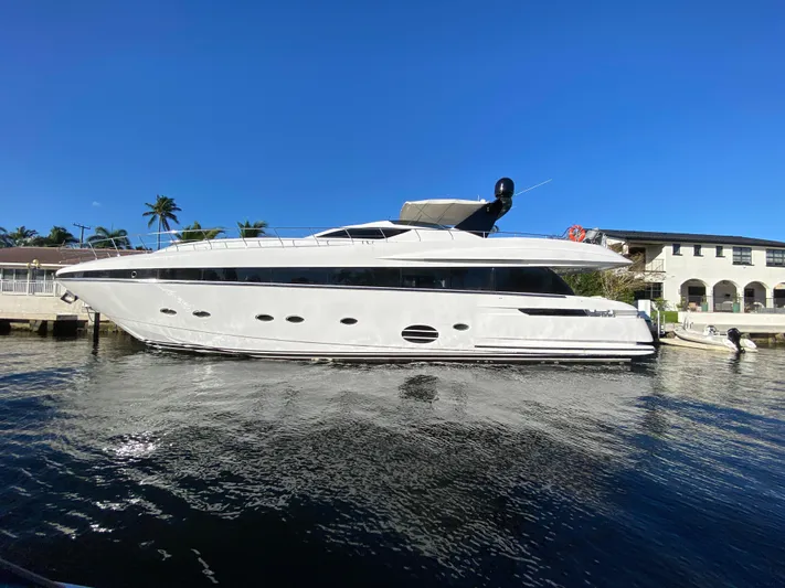  Yacht Photos Pics Luxury 2007 Rodriquez 80 Widebody yacht docked by waterfront under clear blue sky.
