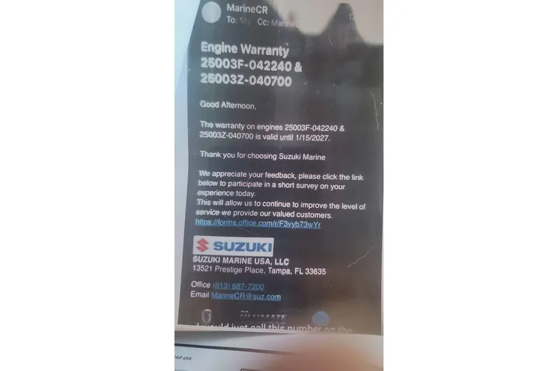  Yacht Photos Pics Email from Suzuki Marine about engine warranty details and feedback survey link.