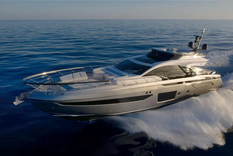 Yacht Photos Pics 2022 Azimut S8 yacht cruising on open sea, showcasing sleek design and luxury features.