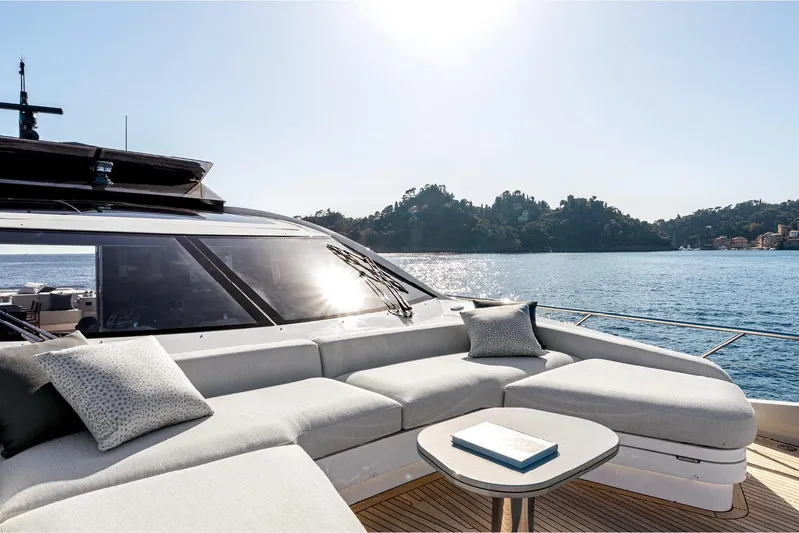  Yacht Photos Pics Luxurious 2022 Azimut S8 yacht with elegant deck seating and scenic ocean view.