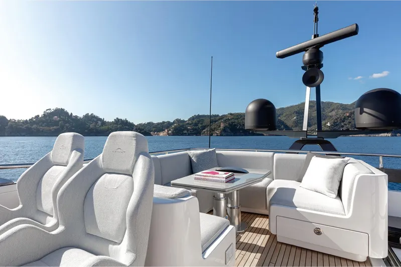  Yacht Photos Pics Luxurious 2022 Azimut S8 yacht deck with elegant seating and scenic ocean view.