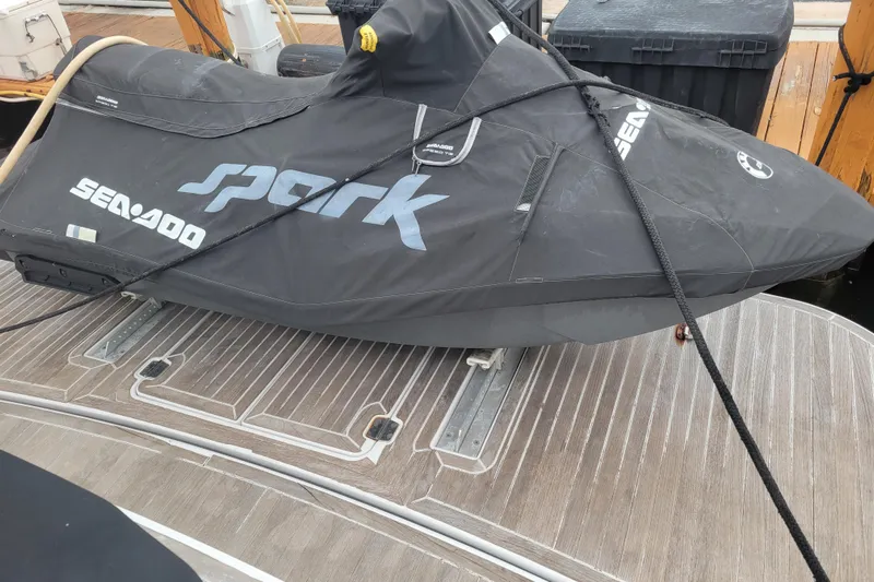 Isabella IV Yacht Photos Pics 2012 Four Winns V435 with covered Sea-Doo Spark on deck.