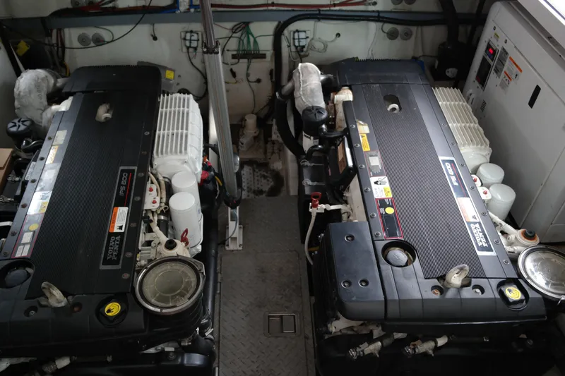 Isabella IV Yacht Photos Pics Engine room of 2012 Four Winns V435 boat with dual Volvo Penta engines.