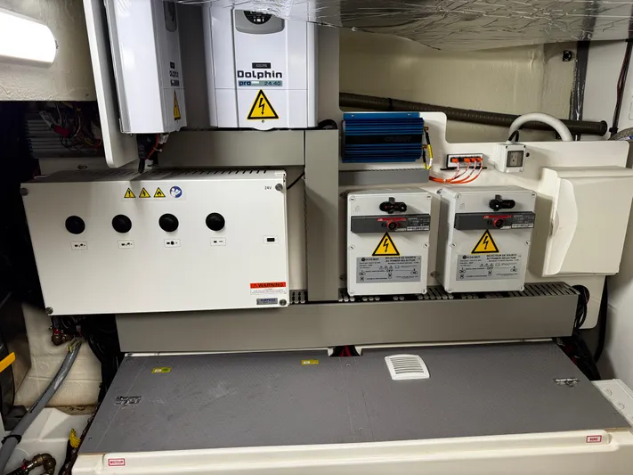  Yacht Photos Pics Electrical control panel in a 2023 Prestige 520 F-Line yacht engine room.
