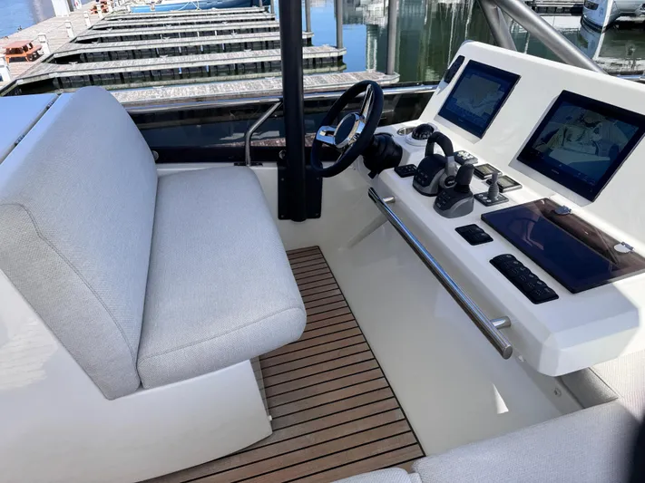  Yacht Photos Pics 2023 Prestige 520 F-Line yacht helm with dual screens and cushioned seating.