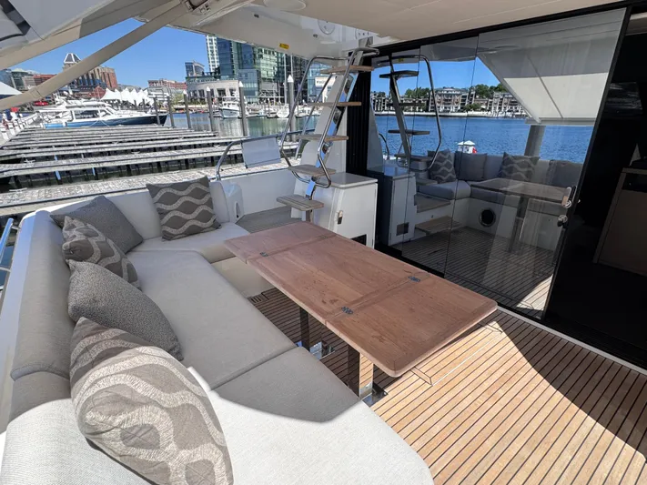  Yacht Photos Pics Luxurious 2023 Prestige 520 F-Line yacht with elegant seating and waterfront view.