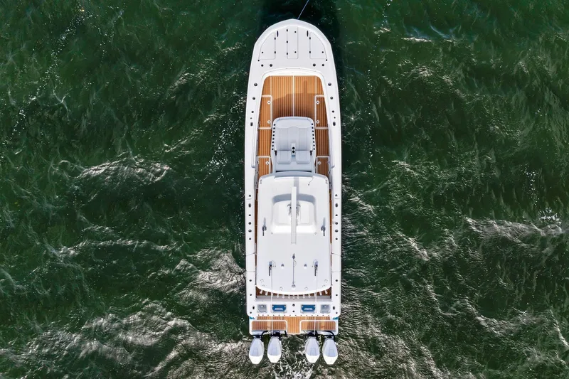  Yacht Photos Pics Overhead view of 2022 Barker Boatworks 40 HPC on open water.