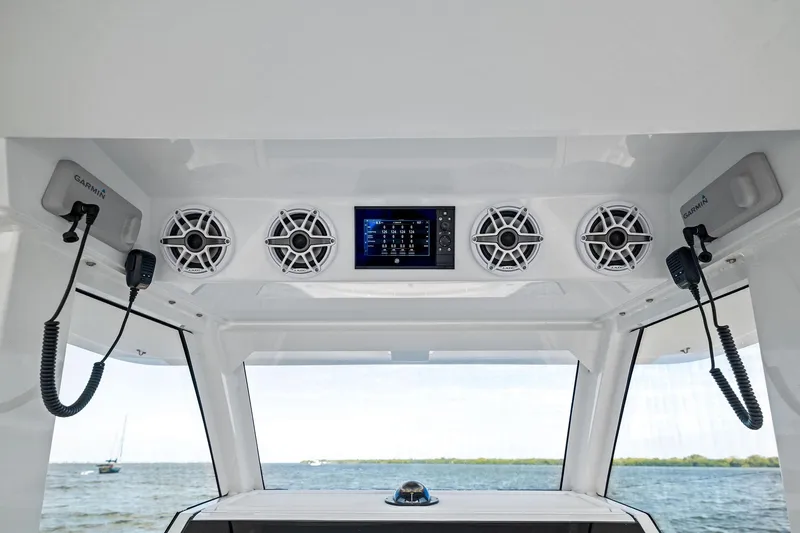  Yacht Photos Pics Interior of 2022 Barker Boatworks 40 HPC with speakers and Garmin electronics.