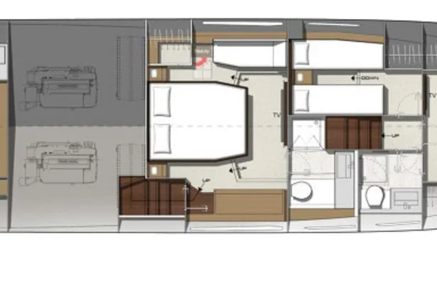  Yacht Photos Pics Floor plan of 2023 Jeanneau Prestige 520 Fly yacht, showcasing cabin layout and amenities.
