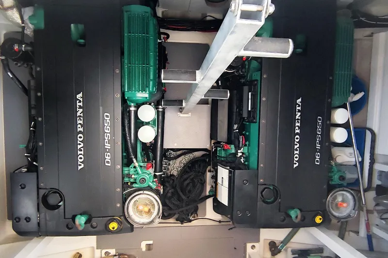  Yacht Photos Pics Engine room of 2023 Jeanneau Prestige 520 Fly with twin Volvo Penta D6-IPS650 engines.