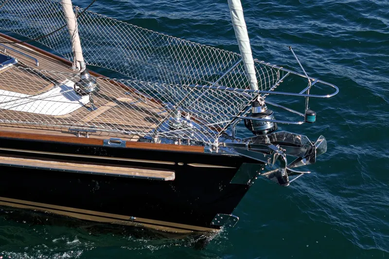 Feather Yacht Photos Pics Hylas 46 yacht bow, 2012 model, sailing on blue ocean waters.