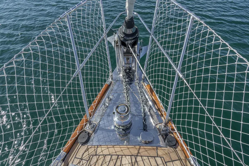 Feather Yacht Photos Pics Bow of 2012 Hylas 46 yacht with stainless steel fittings and safety netting.