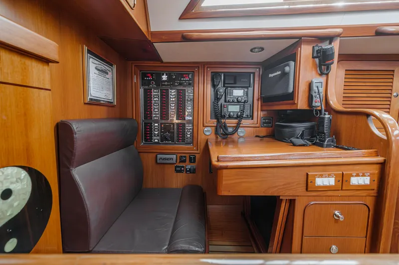 Feather Yacht Photos Pics Hylas 46 yacht interior, 2012 model, featuring navigation station and control panels.