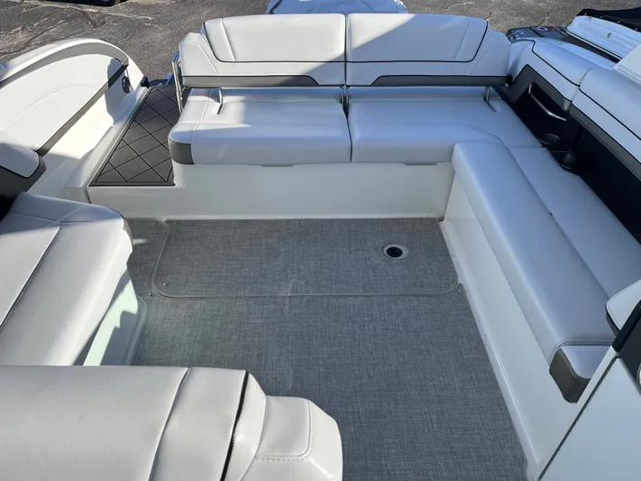  Yacht Photos Pics Interior of 2024 Formula 330 CBR with gray upholstery.