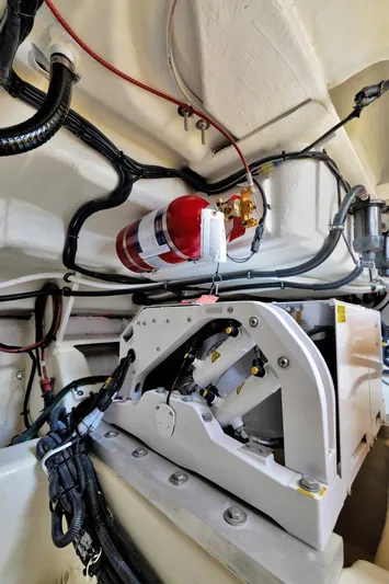  Yacht Photos Pics Engine compartment of 2024 Sea Ray Sundancer 370 Outboard with fire extinguisher and wiring.