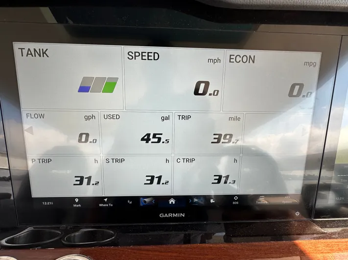  Yacht Photos Pics 2026 Regal 38 SAV dashboard display showing fuel usage, speed, and trip data.