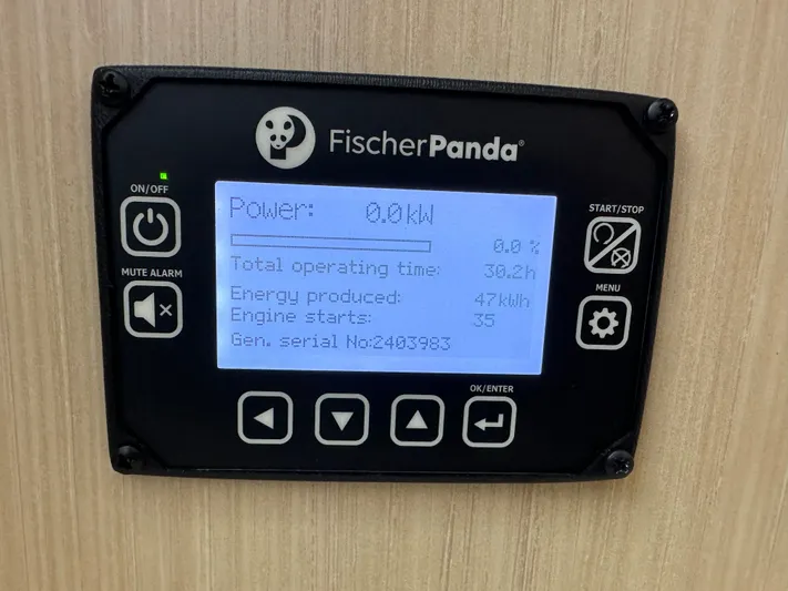  Yacht Photos Pics Fischer Panda control panel displaying power and operating data on Regal 38 SAV, 2026 model.