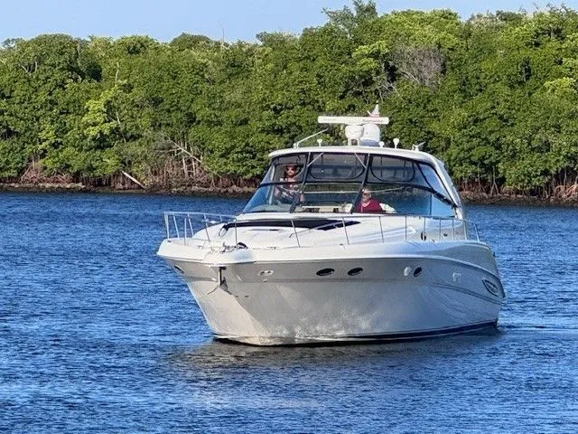 Yacht Photos Pics 2002 Sea Ray 460 Sundancer on calm water with green backdrop.