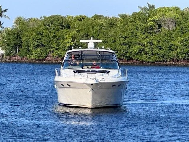  Yacht Photos Pics 2002 Sea Ray 460 Sundancer on calm water with green backdrop.