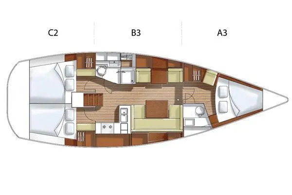  Yacht Photos Pics Floor plan of a 2010 Hanse 400e sailboat, featuring cabins, kitchen, and living area.
