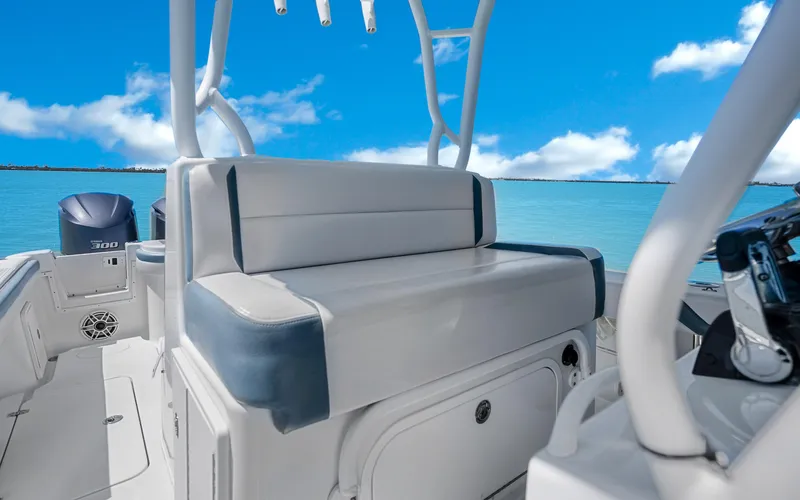  Yacht Photos Pics 2019 Yellowfin 36 boat interior with seating, ocean view, and clear blue sky.