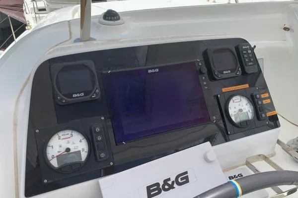 Never Say Never Yacht Photos Pics Control panel of a 2017 Lagoon 42 catamaran with B&G navigation equipment.