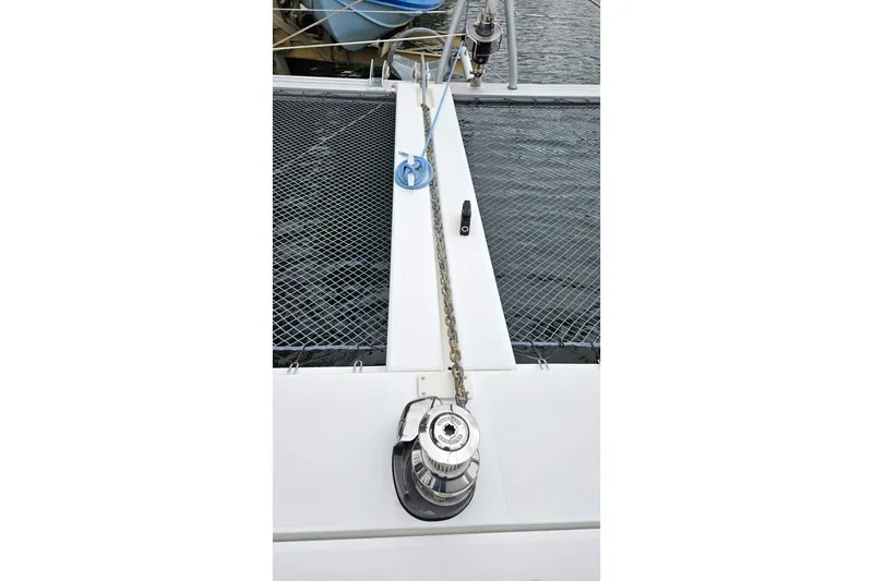 Never Say Never Yacht Photos Pics 2017 Lagoon 42 catamaran deck with winch and chain detail.