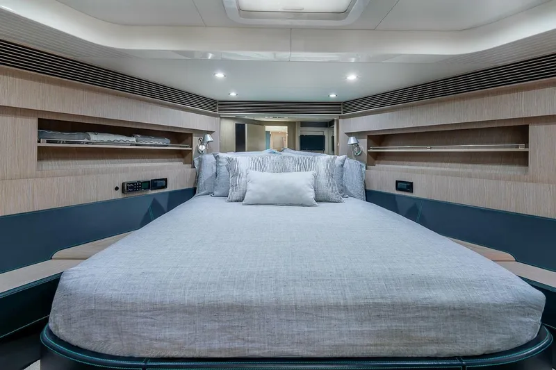 Mild Things Yacht Photos Pics Luxurious bedroom interior of 2014 Riva 63 Virtus yacht with modern design and cozy bedding.