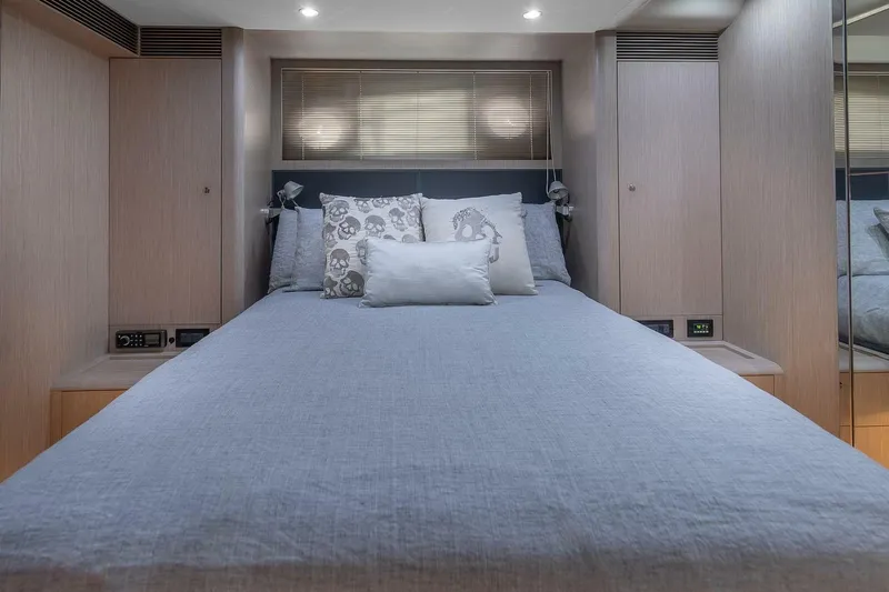 Mild Things Yacht Photos Pics Luxurious bedroom interior of 2014 Riva 63 Virtus yacht with modern decor and ambient lighting.