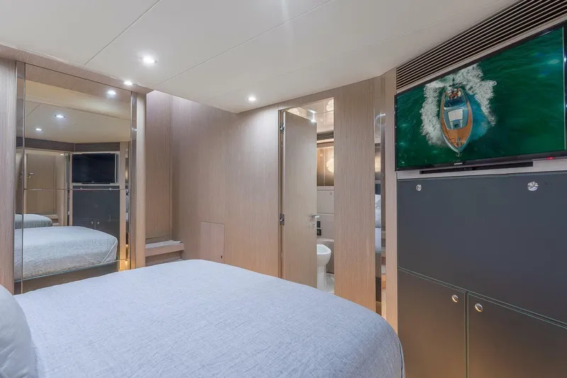 Mild Things Yacht Photos Pics Luxurious interior of 2014 Riva 63 Virtus yacht with modern bedroom and TV.