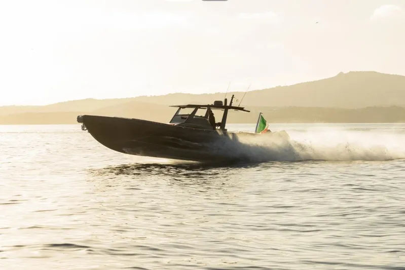  Yacht Photos Pics Novamarine BS 120 FB 2025 speeding on water at sunset.