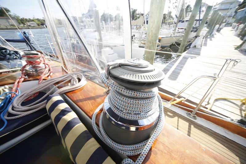 Independence Yacht Photos Pics 1981 Gulfstar 60 CC sailboat winch with ropes, docked at marina.